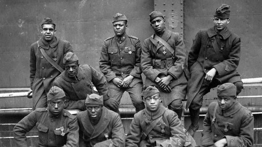 Harlem Hellfighters: WWI Black soldiers in uniform, group portrait.