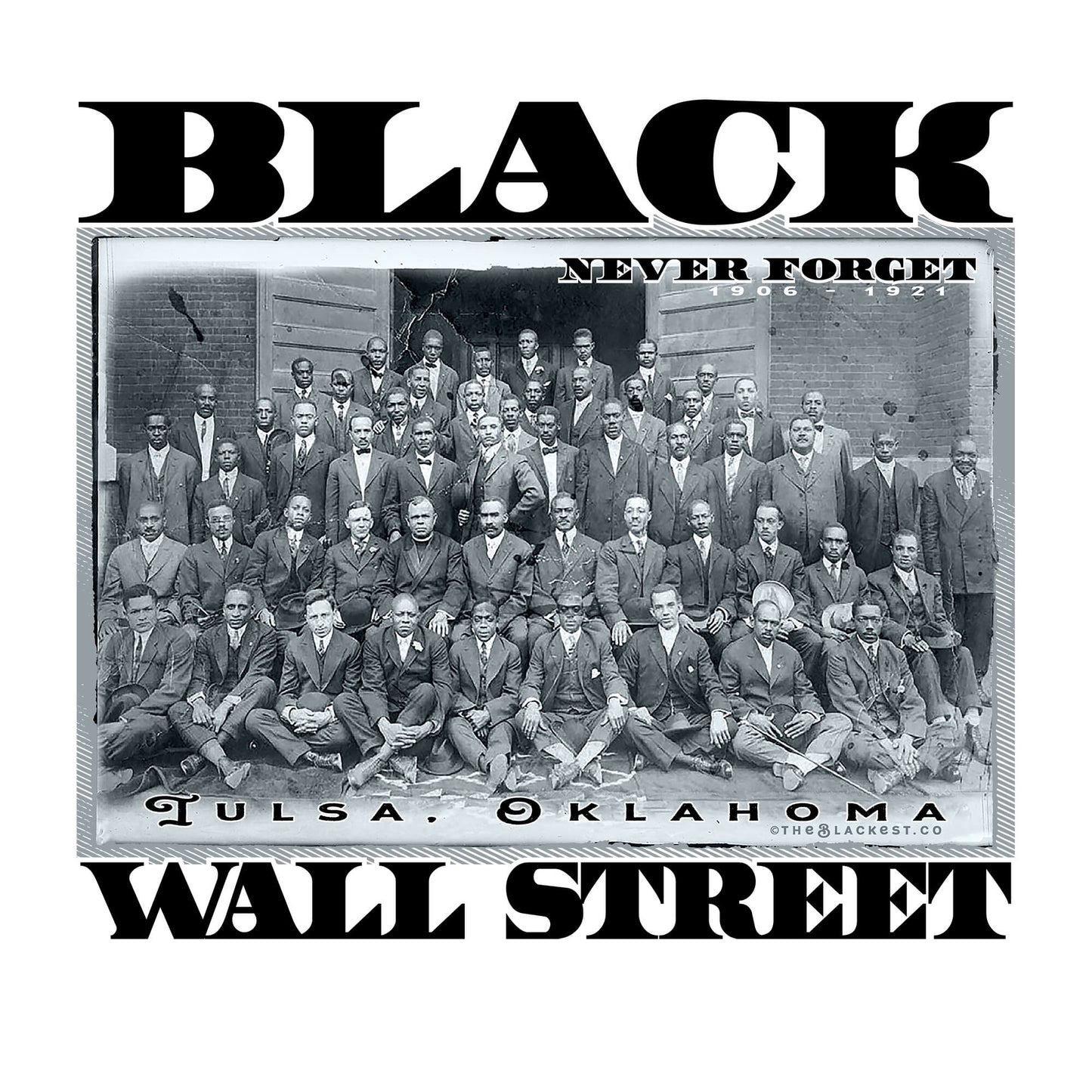 Close-up of Black Wall Street vintage graphic on t-shirt