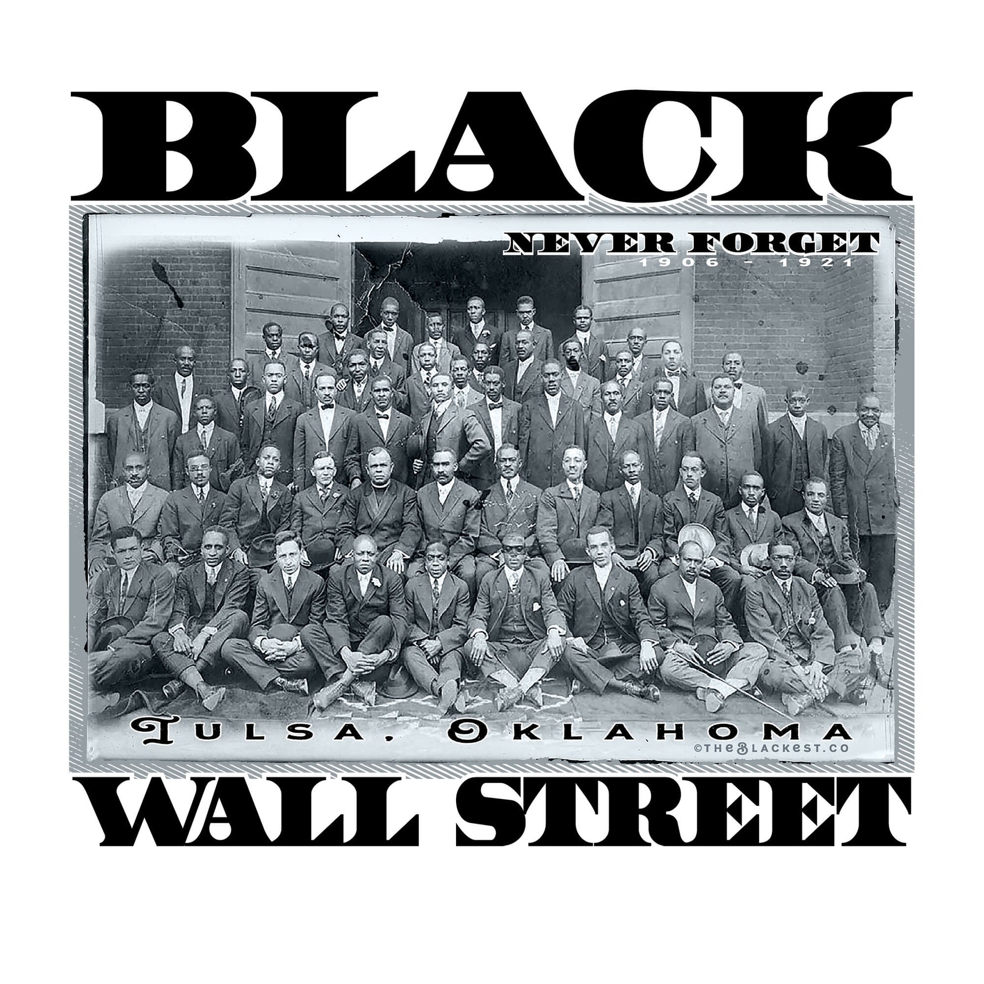 Close-up of Black Wall Street vintage graphic on t-shirt