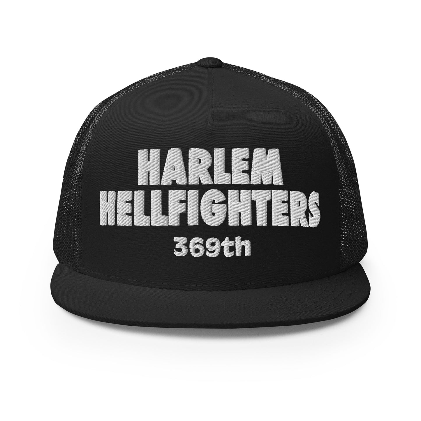 black trucker hat with harlem hellfighters 369th embroidery