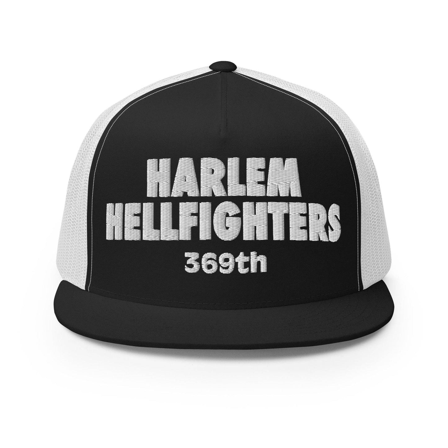 black and white trucker hat with harlem hellfighters 369th embroidery