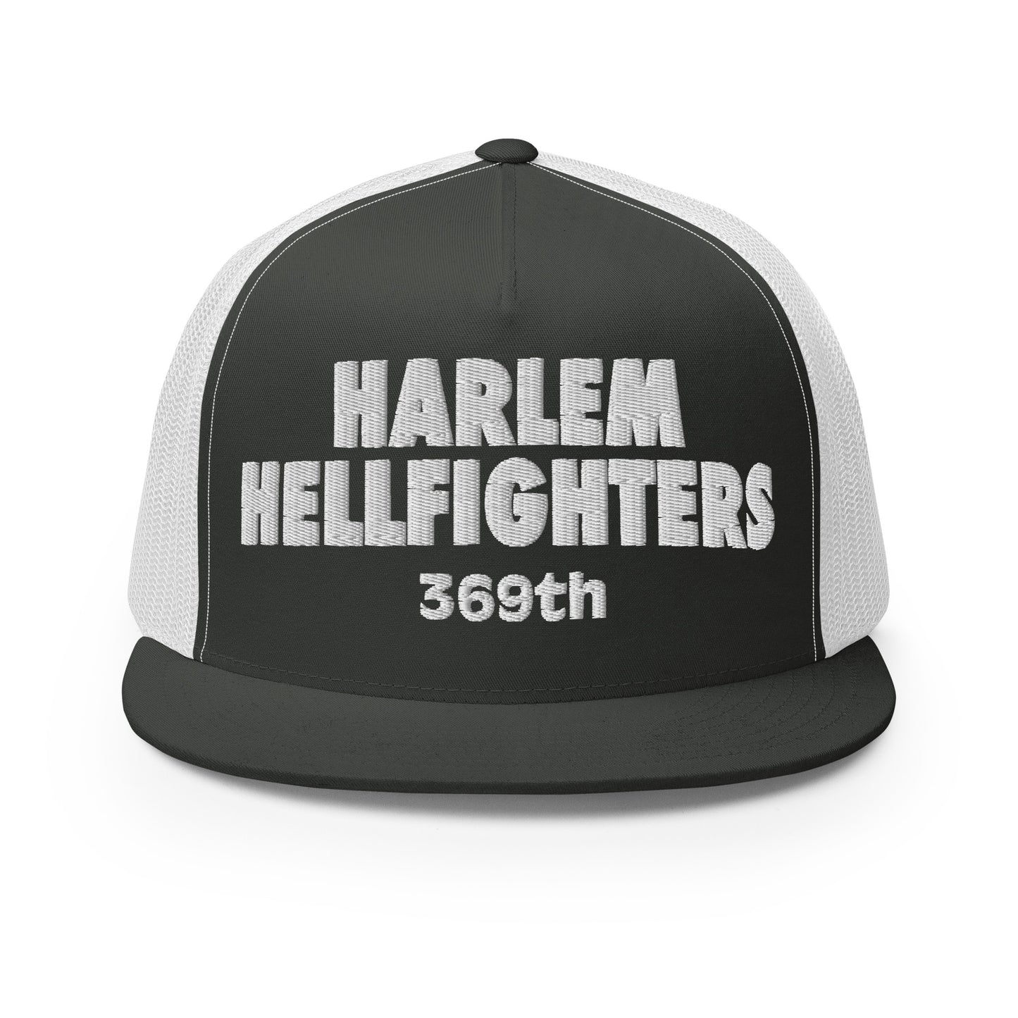 white and grey trucker hat with harlem hellfighters 369th embroidery