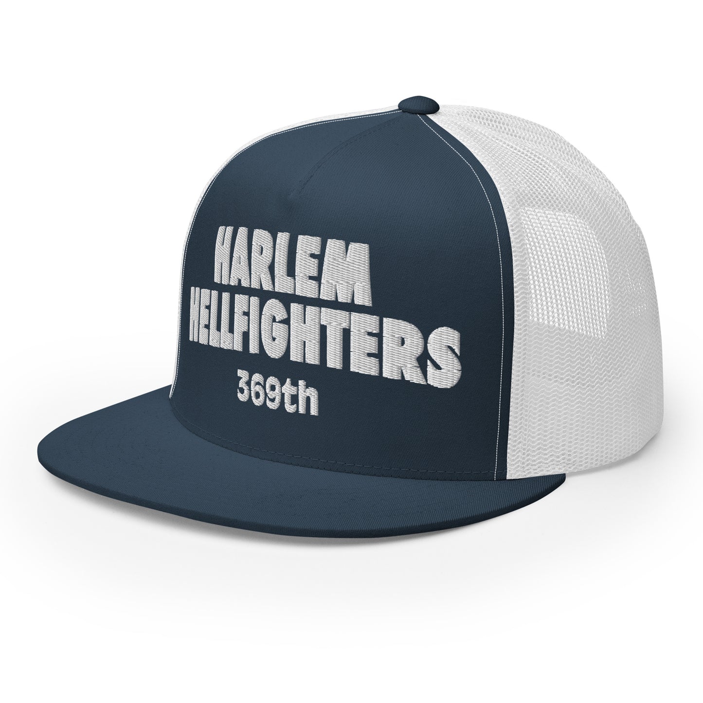 navy and white trucker hat with harlem hellfighters 369th embroidery