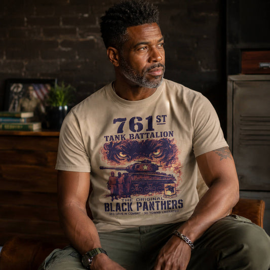 Model wearing beige T-shirt with Black Panthers WWII graphic design