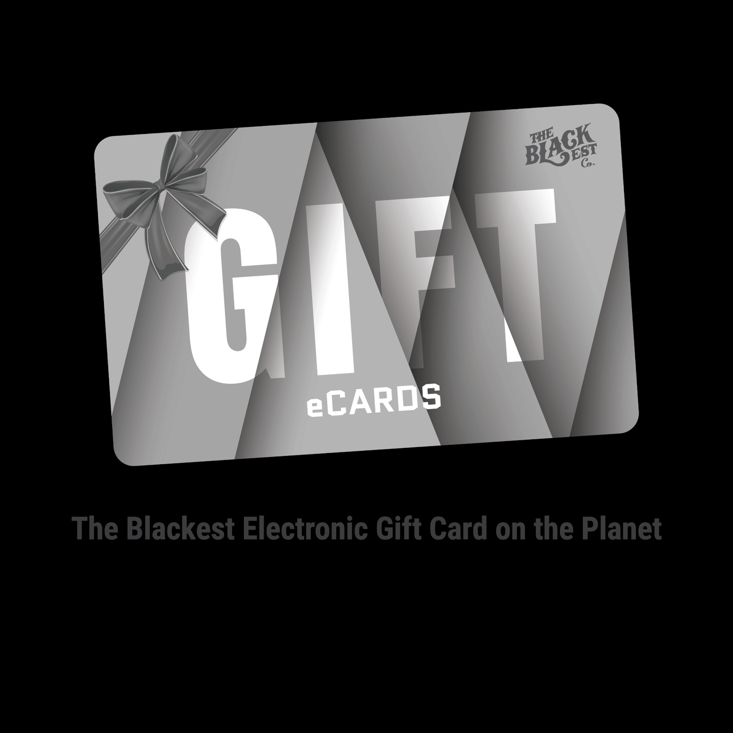 TheBlackest Co. e-Gift Card with bold monochrome design and ribbon, labeled 'GIFT eCARDS' for instant use at Black-owned store.