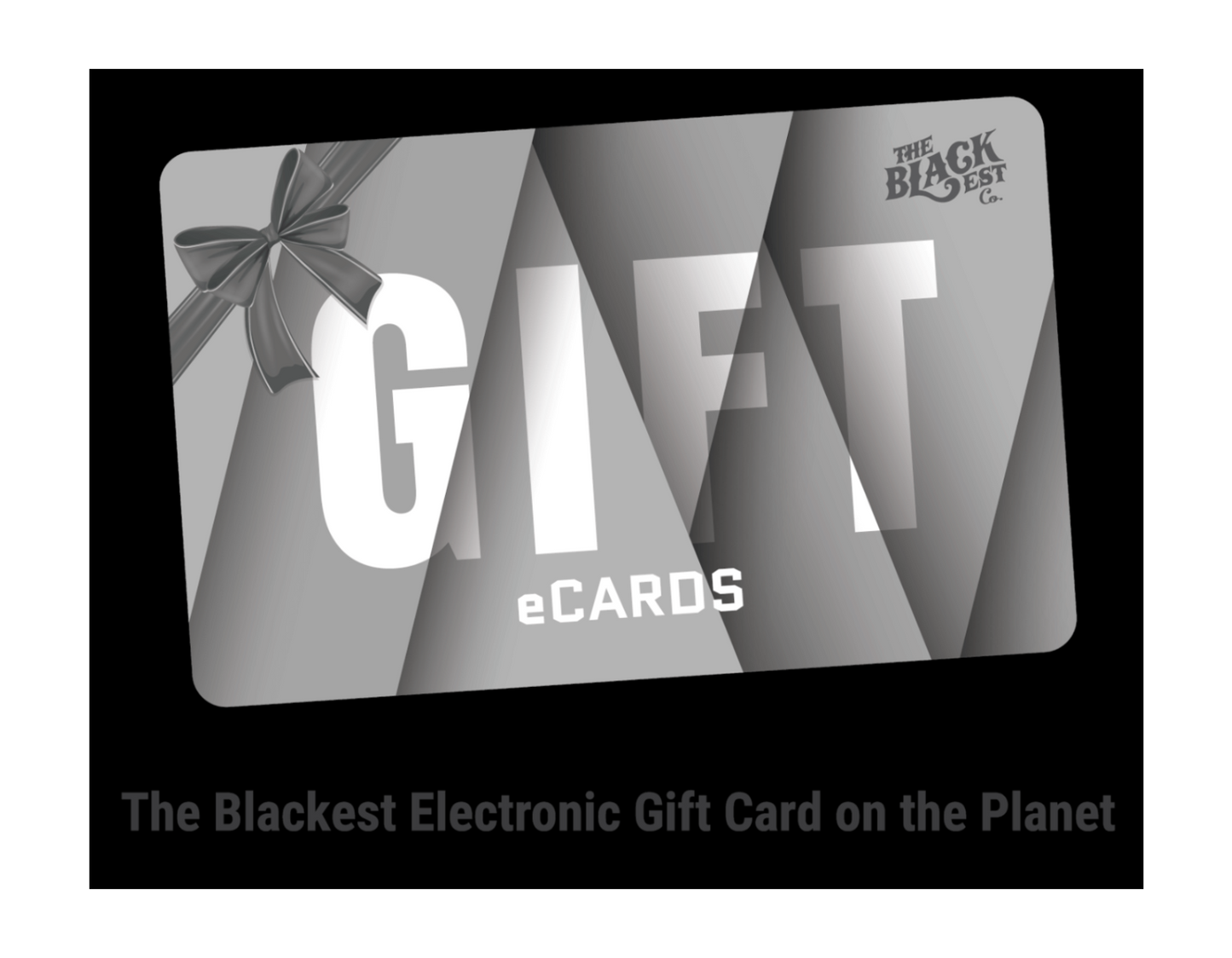 TheBlackest Co. e-Gift Card with bold monochrome design and ribbon, labeled 'GIFT eCARDS' for instant use at Black-owned store.