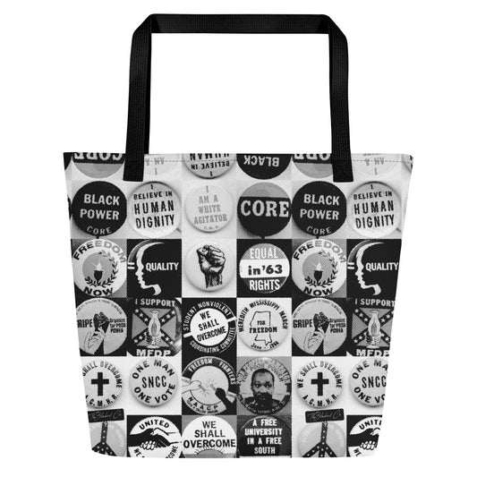 civil rights protest tote bag with civil rights buttons slogans and icons