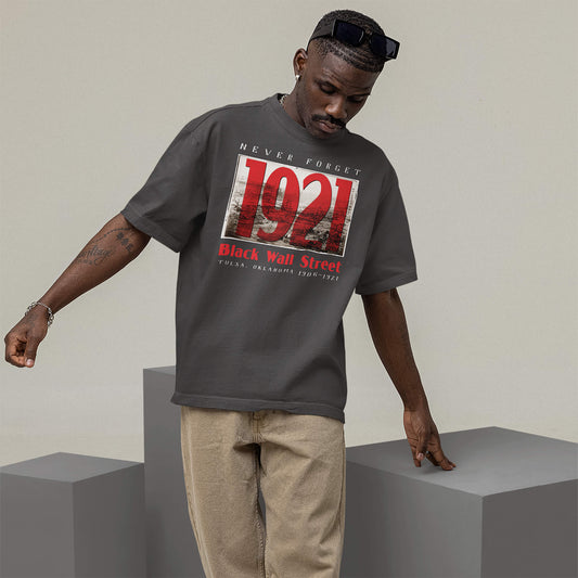 Model wearing Black Wall Street 1921 oversized t-shirt