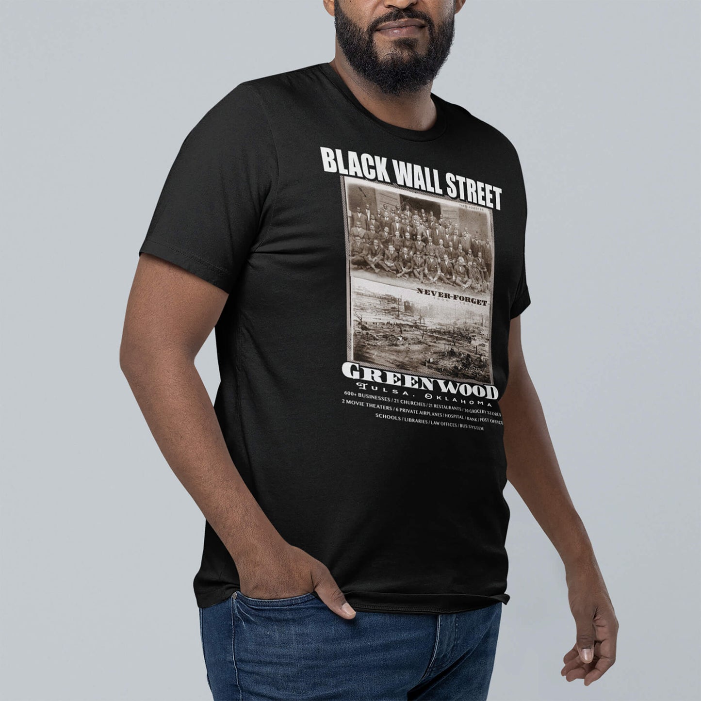 a man wearing a black wall street t - shirt