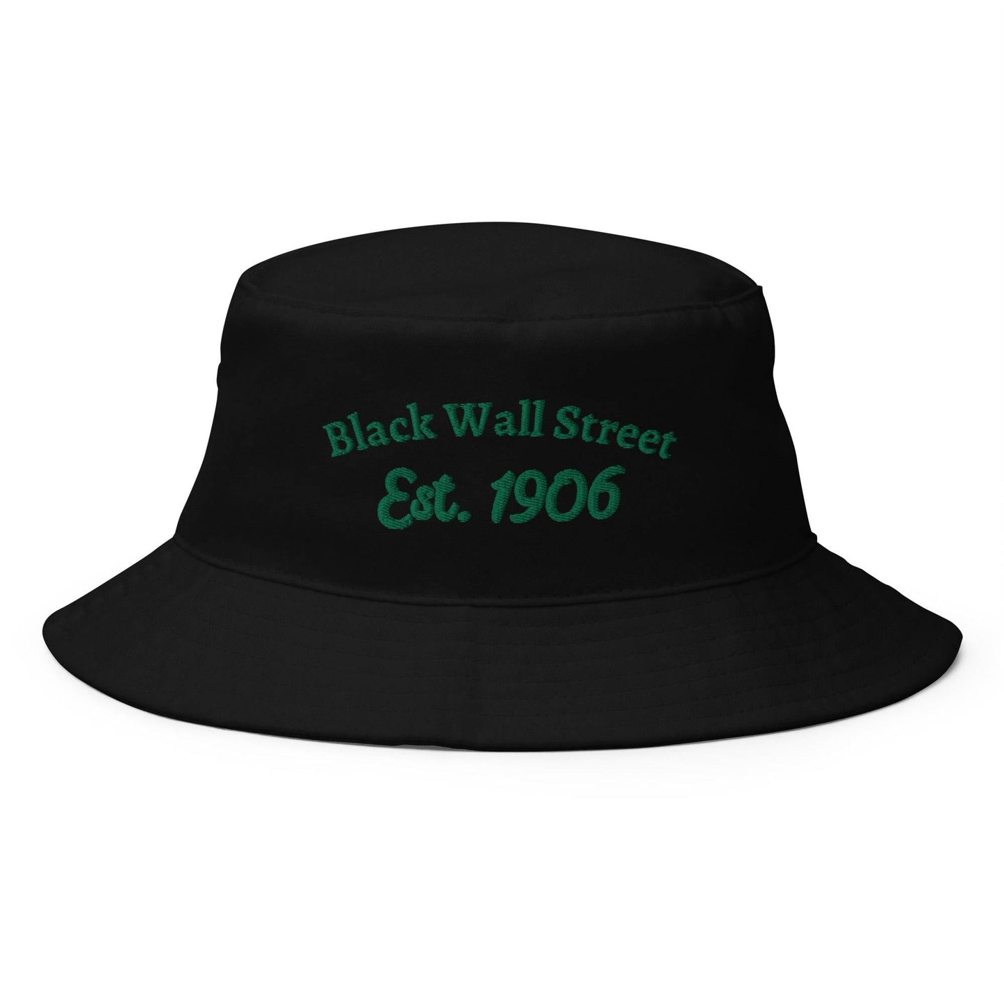 Black Wall Street 1609 embroidered bucket hat in black with green text reading 'Black Wall Street Est. 1906.' Made of 100% cotton, ideal for celebrating Black history.