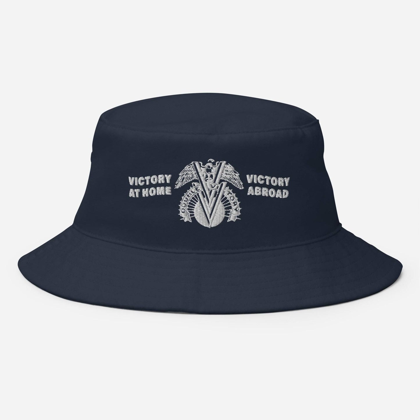 a navy bucket hat with the words Double V Campaign victory abroad, victory at home around it