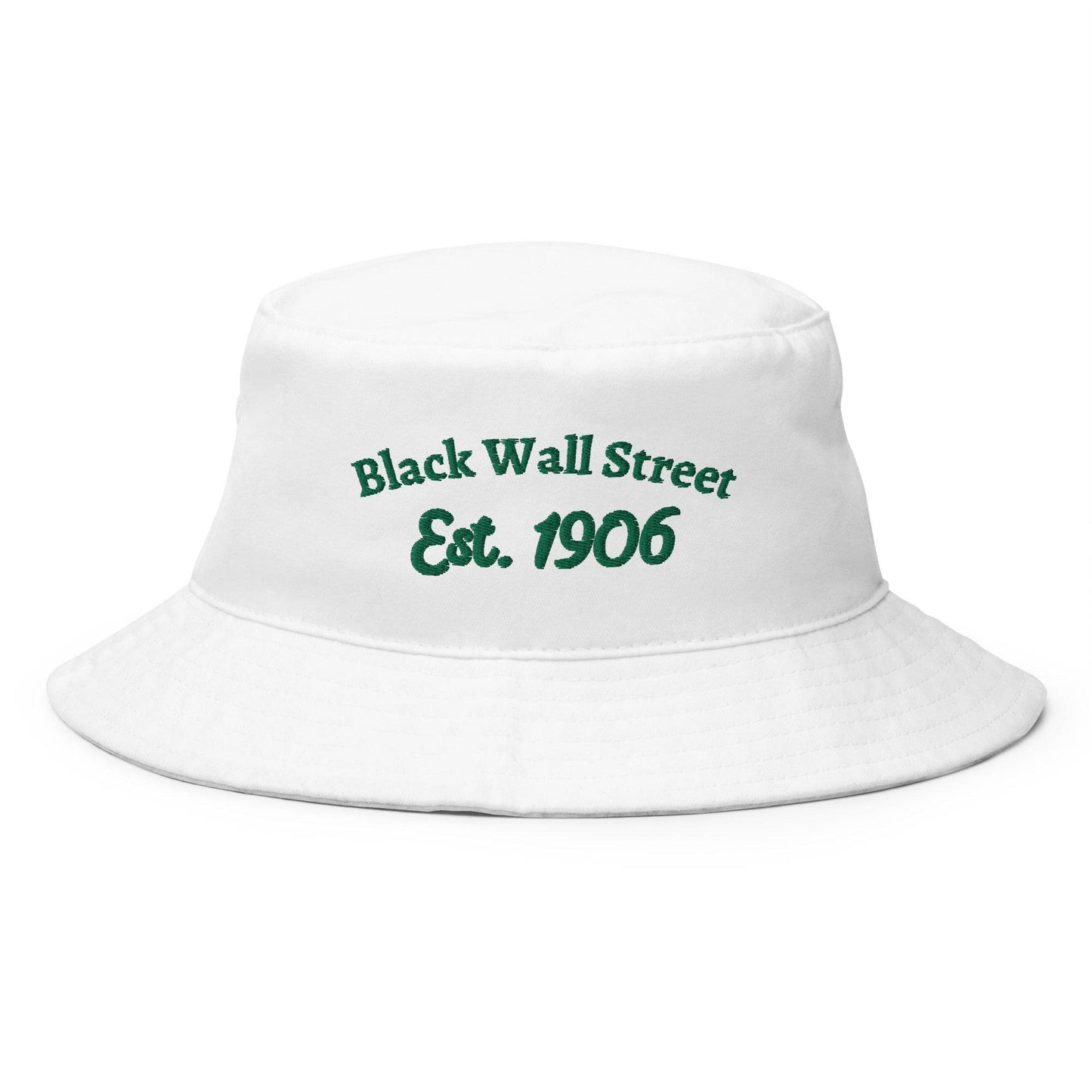 White bucket hat with green embroidered text reading 'Black Wall Street Est. 1906.' Made of 100% cotton, celebrating Black history and culture.