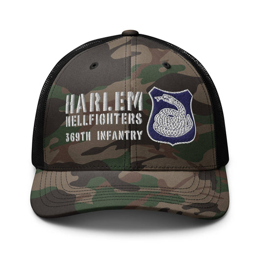 camo trucker hat with rattlesnake crest and text reading harlem hellfighters