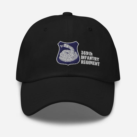 black hat with harlem hellfighters rattlesnake emblem reading 369th infantry regiment