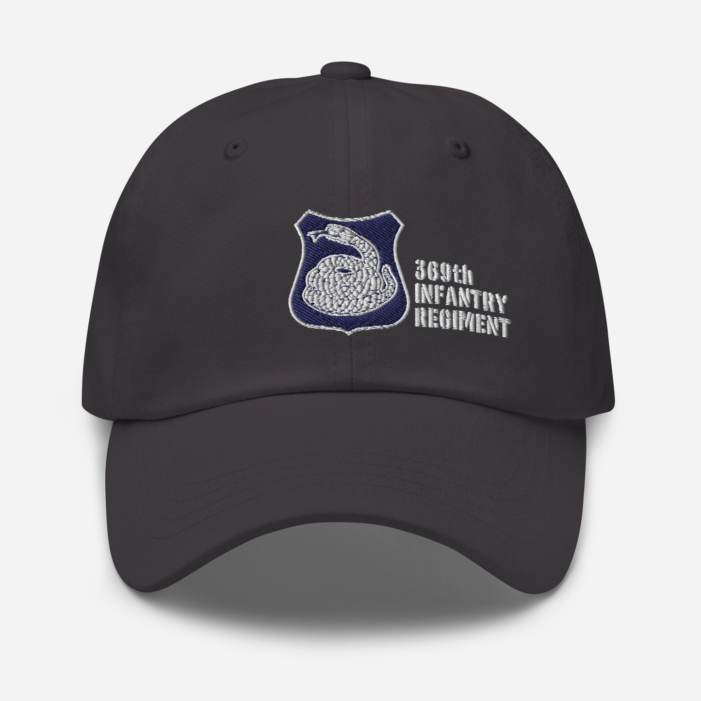 dark grey hat with harlem hellfighters rattlesnake emblem reading 369th infantry regiment