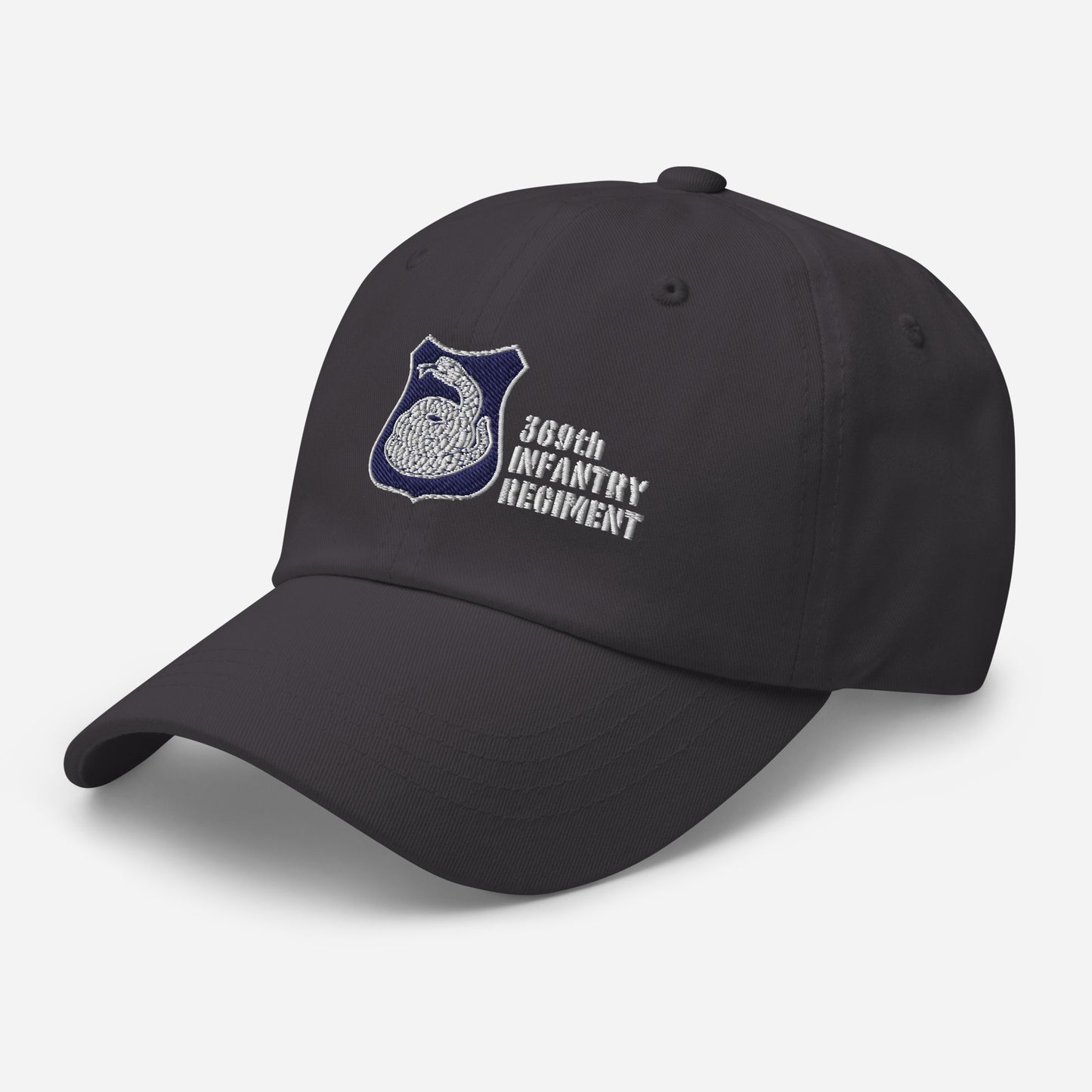 dark grey hat with harlem hellfighters rattlesnake emblem reading 369th infantry regiment