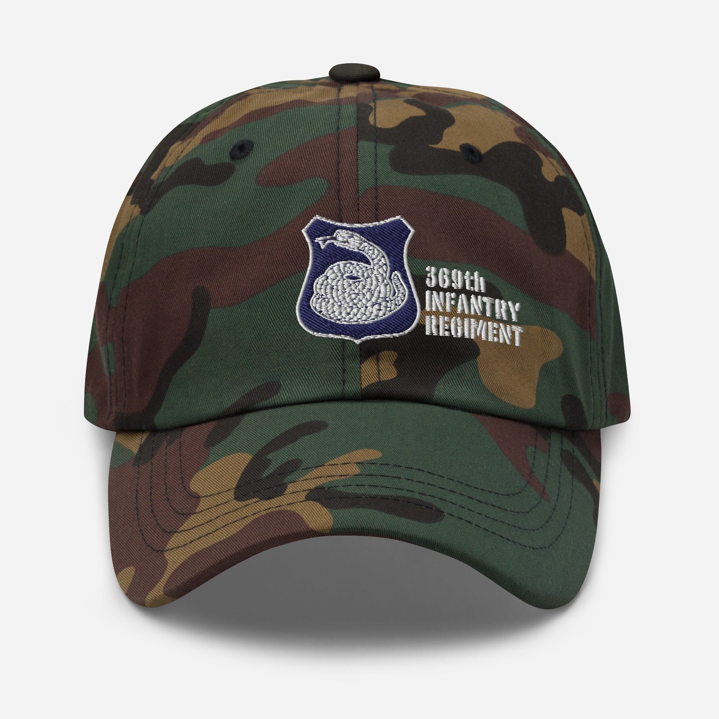 camo hat with harlem hellfighters rattlesnake emblem reading 369th infantry regiment
