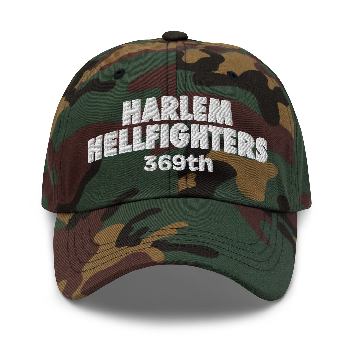 Camouflage Harlem Hellfighters 369th cap with white embroidery. Military-style baseball hat honoring WWI Black soldiers with bold statement design.