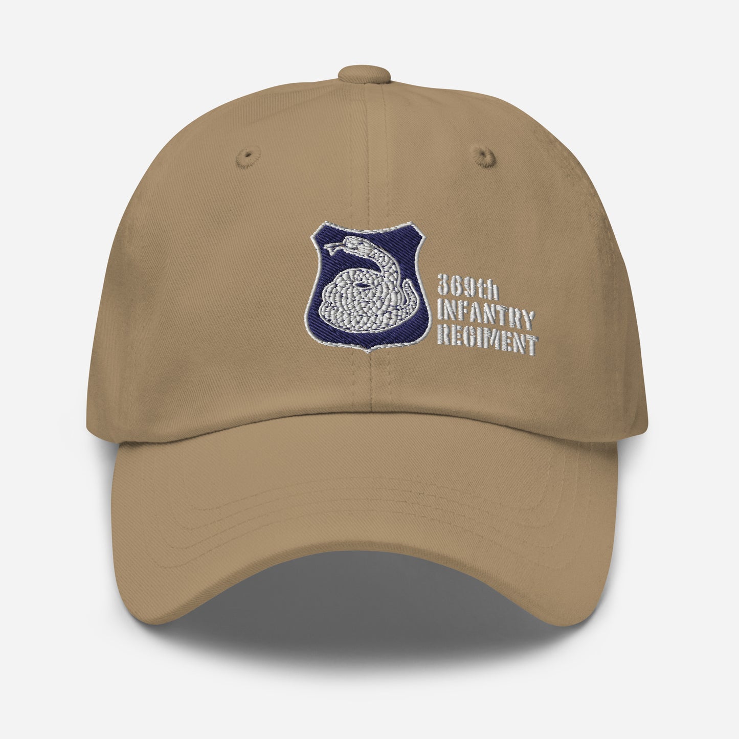 tan hat with harlem hellfighters rattlesnake emblem reading 369th infantry regiment