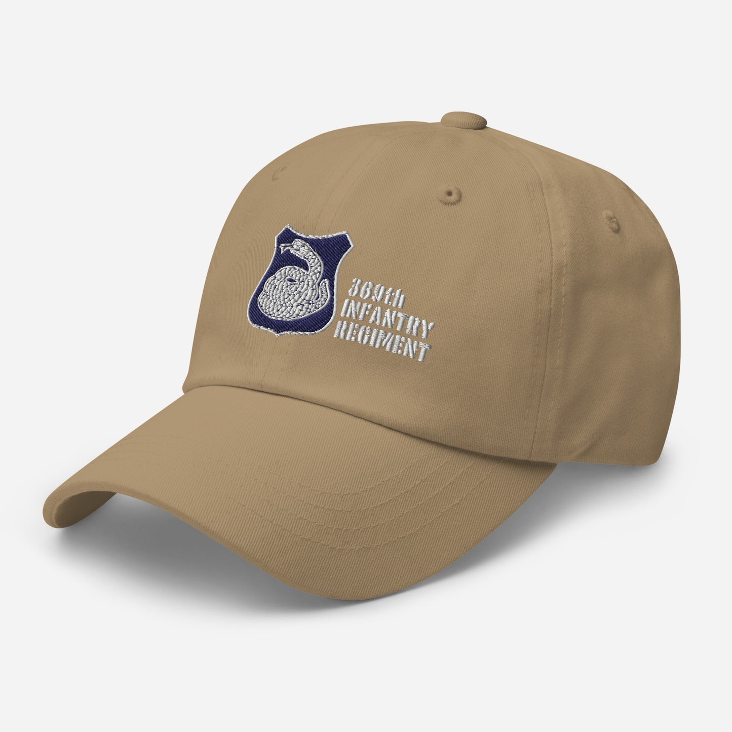 tan hat with harlem hellfighters rattlesnake emblem reading 369th infantry regiment