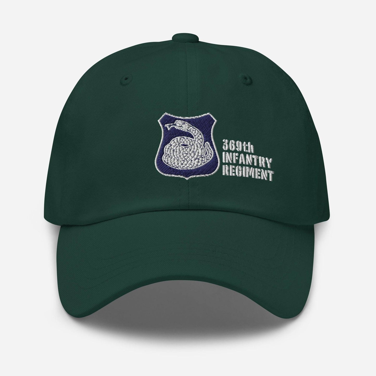 green hat with harlem hellfighters rattlesnake emblem reading 369th infantry regiment