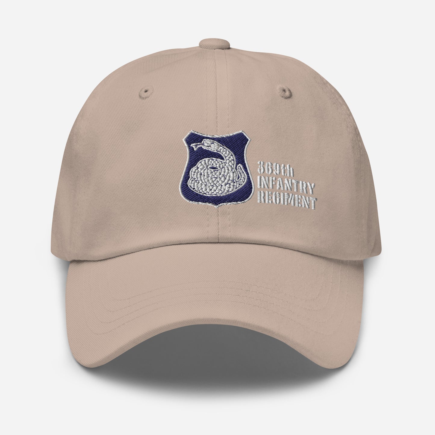 light brown hat with harlem hellfighters rattlesnake emblem reading 369th infantry regiment