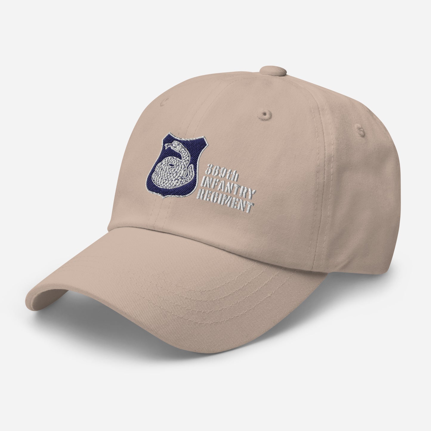 light brown hat with harlem hellfighters rattlesnake emblem reading 369th infantry regiment