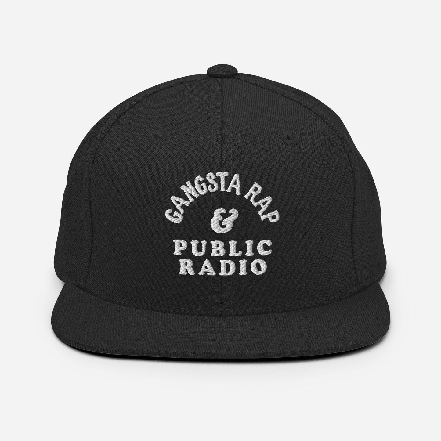 a black hat with white lettering on it