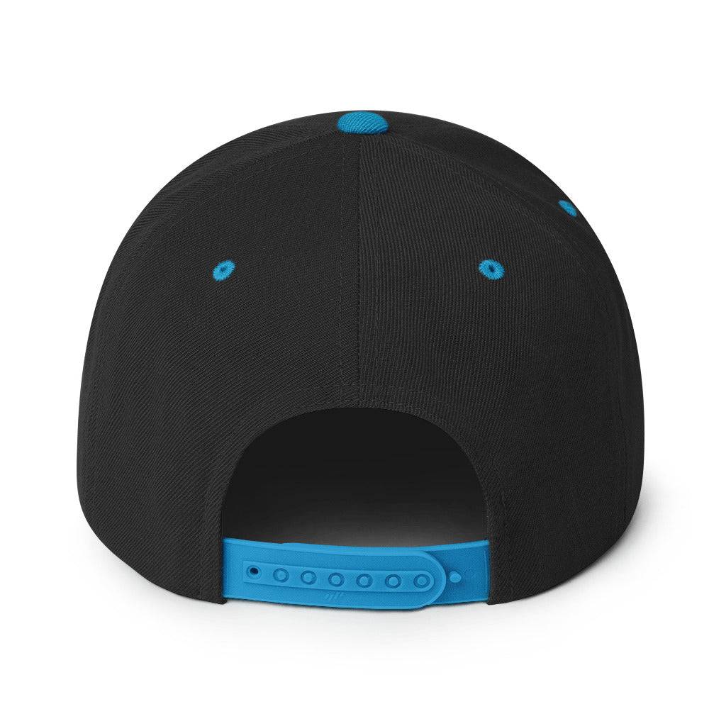 a black and blue hat with a blue visor