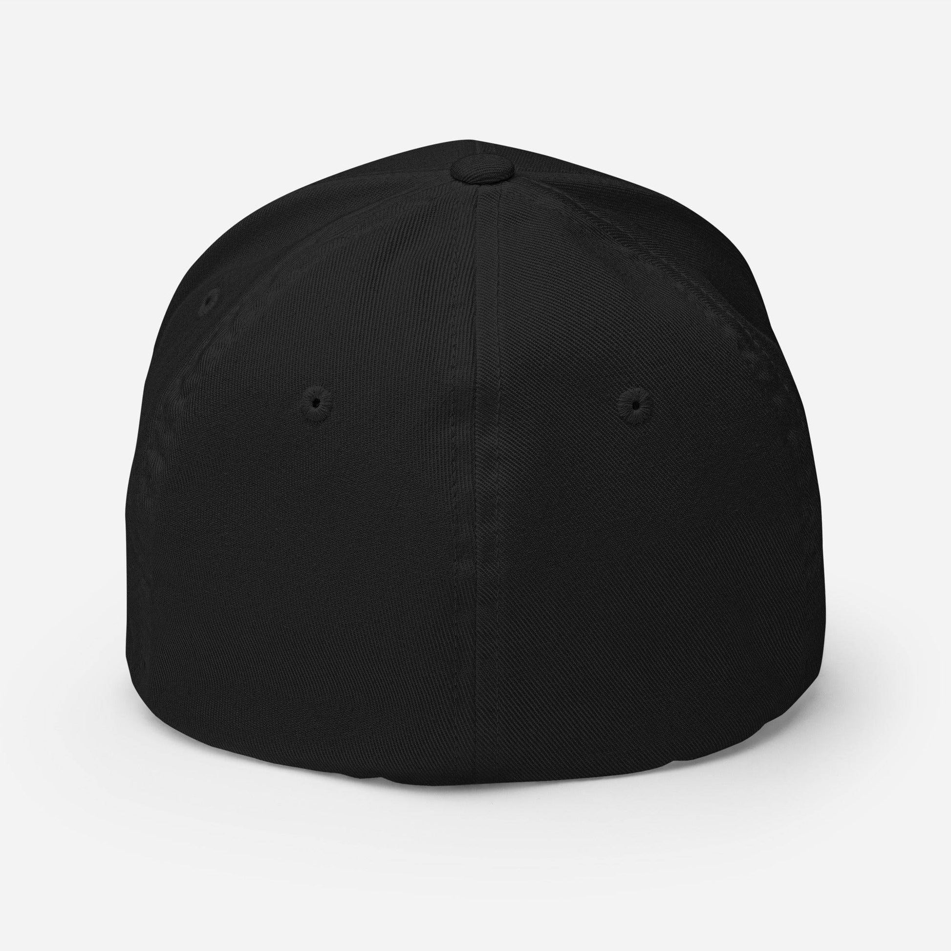 Rear view of black BPP 1966 Flexfit cap showing seamless fitted back and breathable eyelets for comfort.