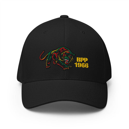 Black Flexfit cap with embroidered panther and 'BPP 1966' text in yellow, honoring the Black Panther Party by TheBlackest Co.