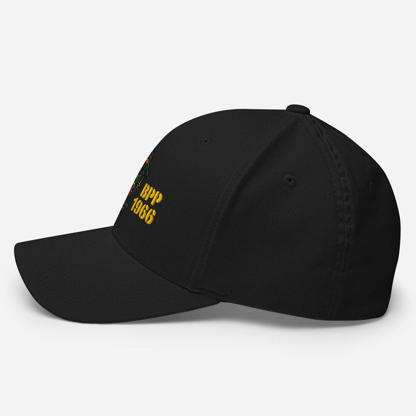 Left side view of black BPP 1966 Flexfit structured cap showing clean stitching and fitted design by TheBlackest Co.