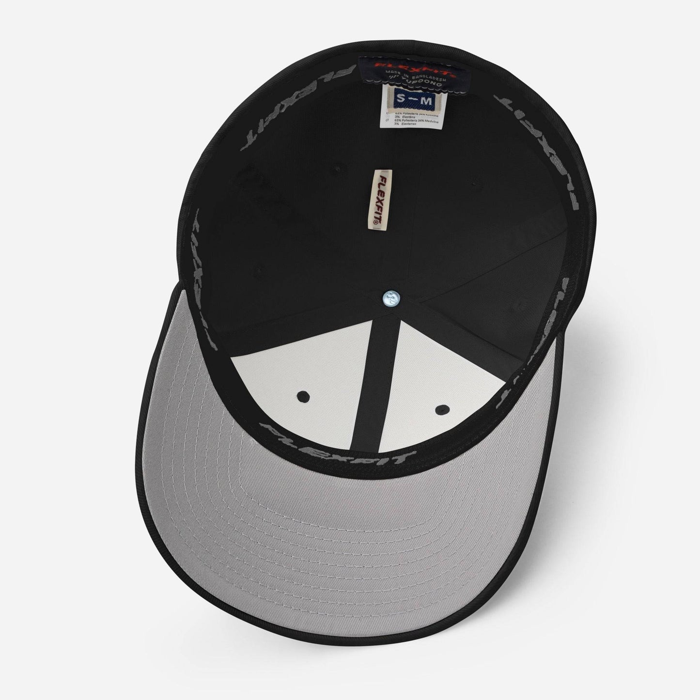 Interior view of BPP 1966 Flexfit cap showing branded sweatband, structured panels, and size label for S-M fit.