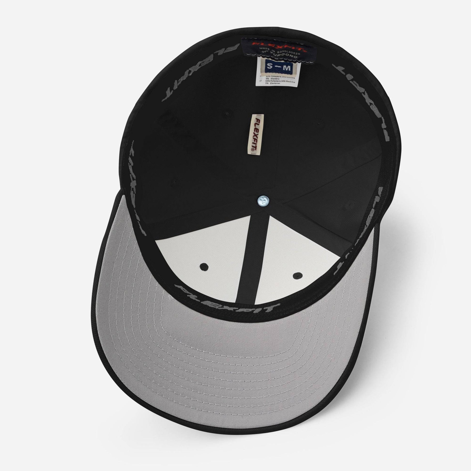 Interior view of BPP 1966 Flexfit cap showing branded sweatband, structured panels, and size label for S-M fit.