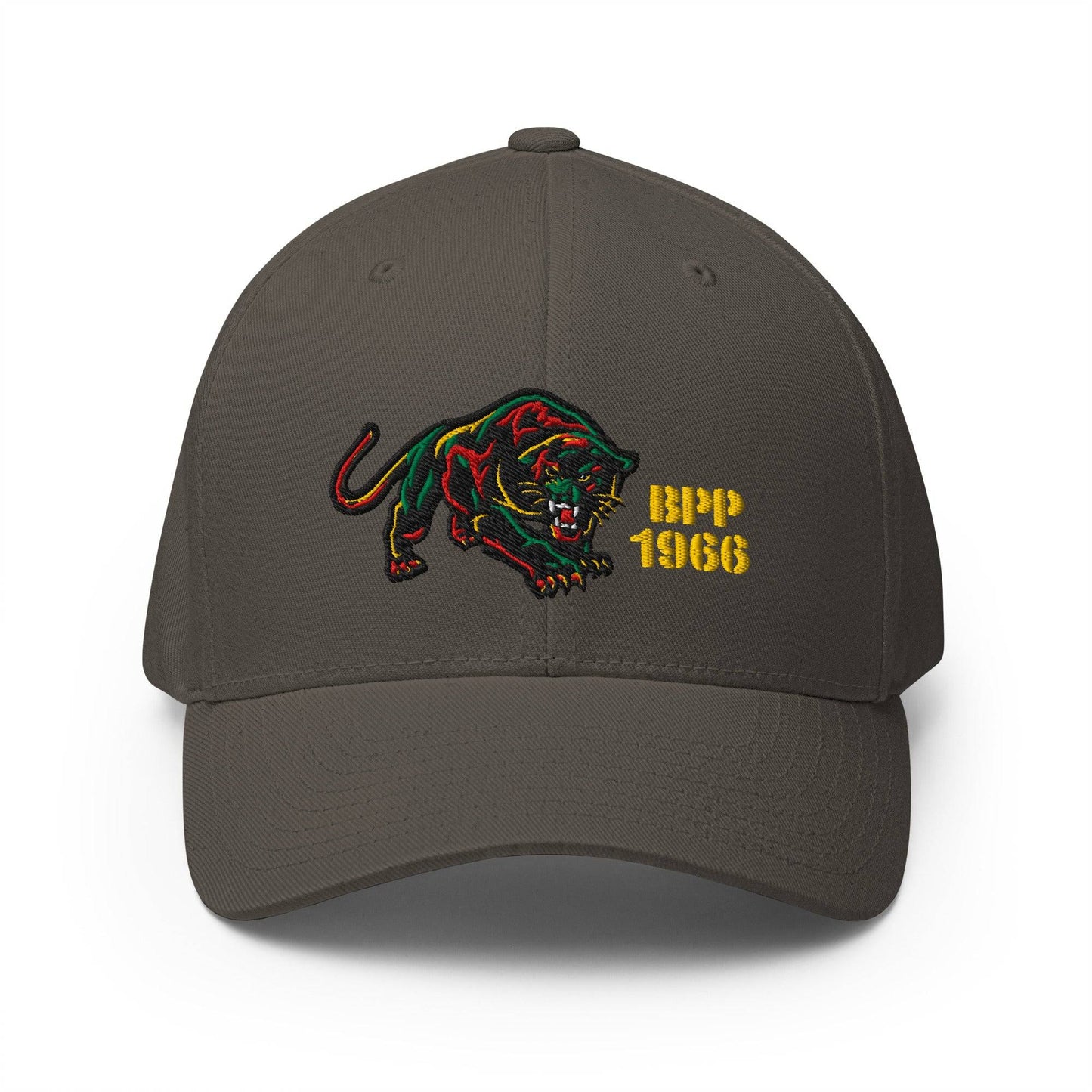 Dark gray BPP 1966 Flexfit cap with structured fit, curved visor, and embroidered Black Panther Party tribute.