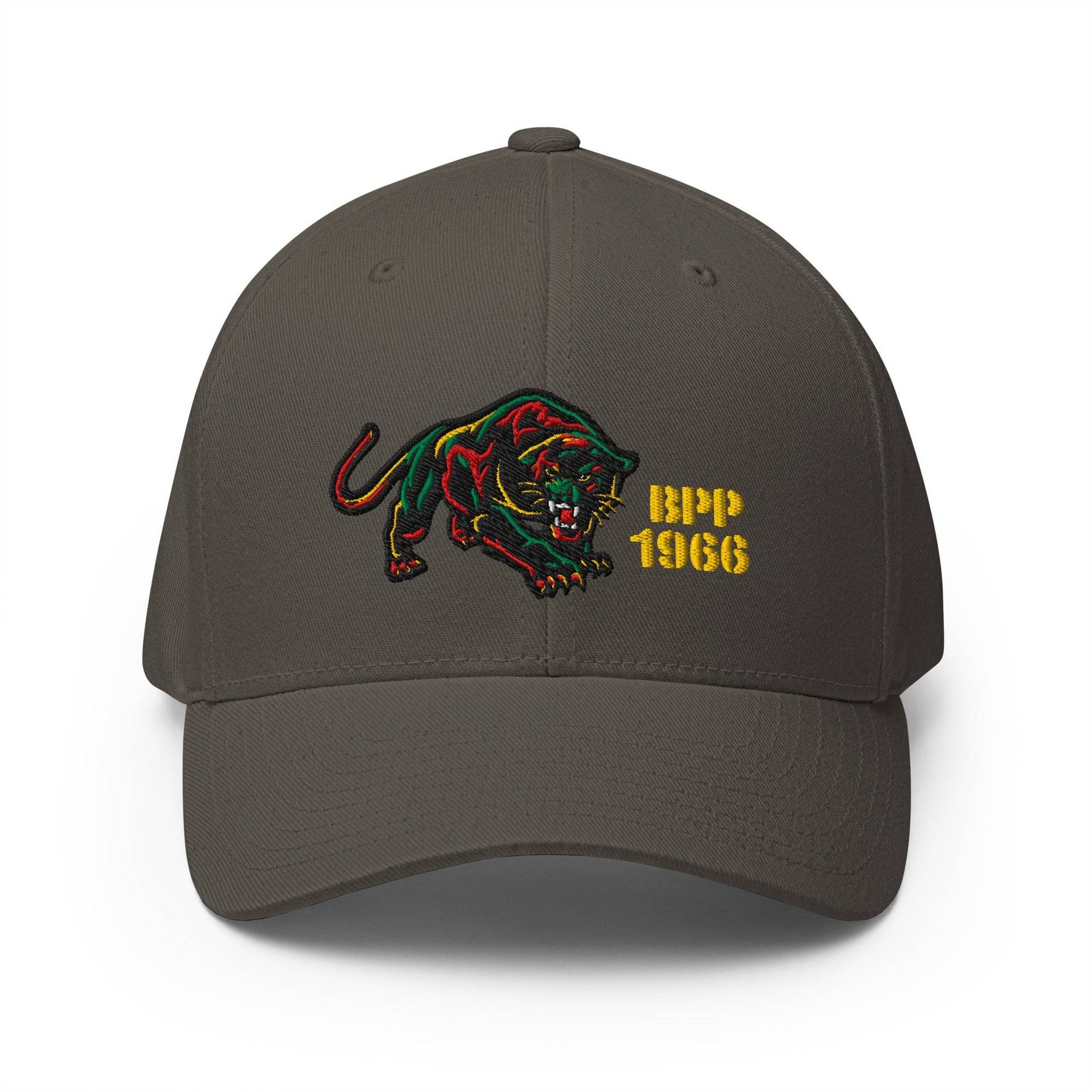Dark gray BPP 1966 Flexfit cap with structured fit, curved visor, and embroidered Black Panther Party tribute.