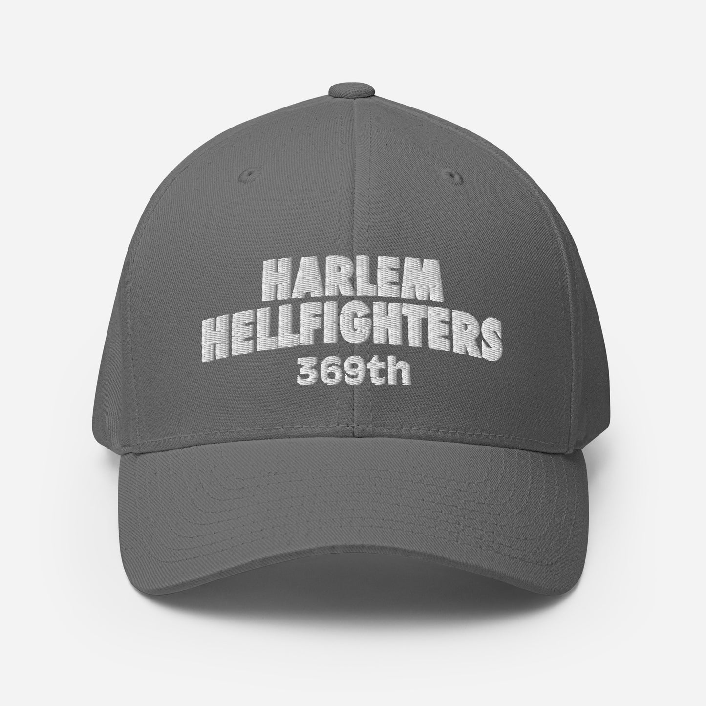 Gray Harlem Hellfighters 369th Flexfit® Cap with white embroidery. Unisex fitted cap with curved visor and breathable design.