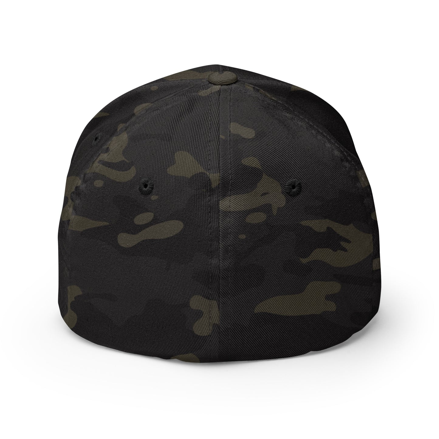 Rear view of 369th Harlem Hellfighters Flexfit® Cap in black camo. Closed back design with seamless fit and subtle camo pattern.