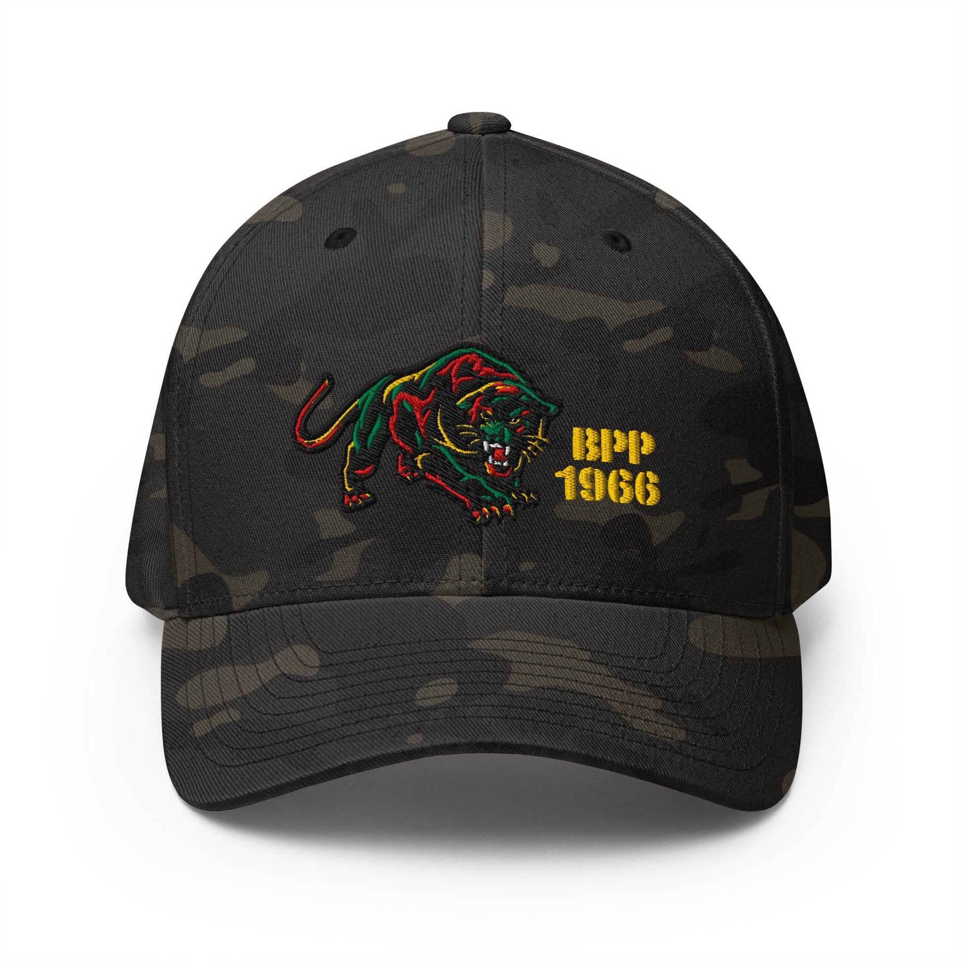 Black camo BPP 1966 Flexfit cap with embroidered panther and yellow text, combining urban style with cultural pride.