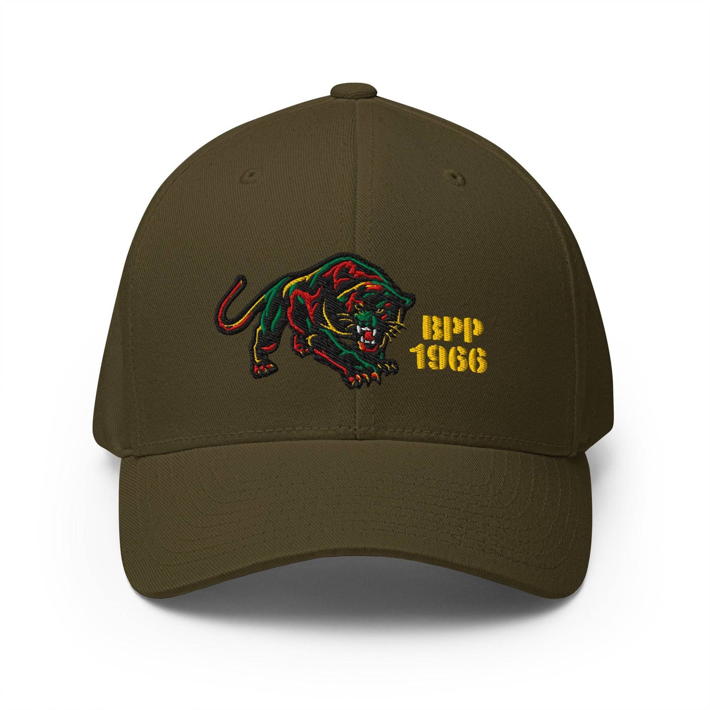 Olive green BPP 1966 Flexfit cap with detailed panther embroidery and yellow 'BPP 1966' text, cultural headwear.