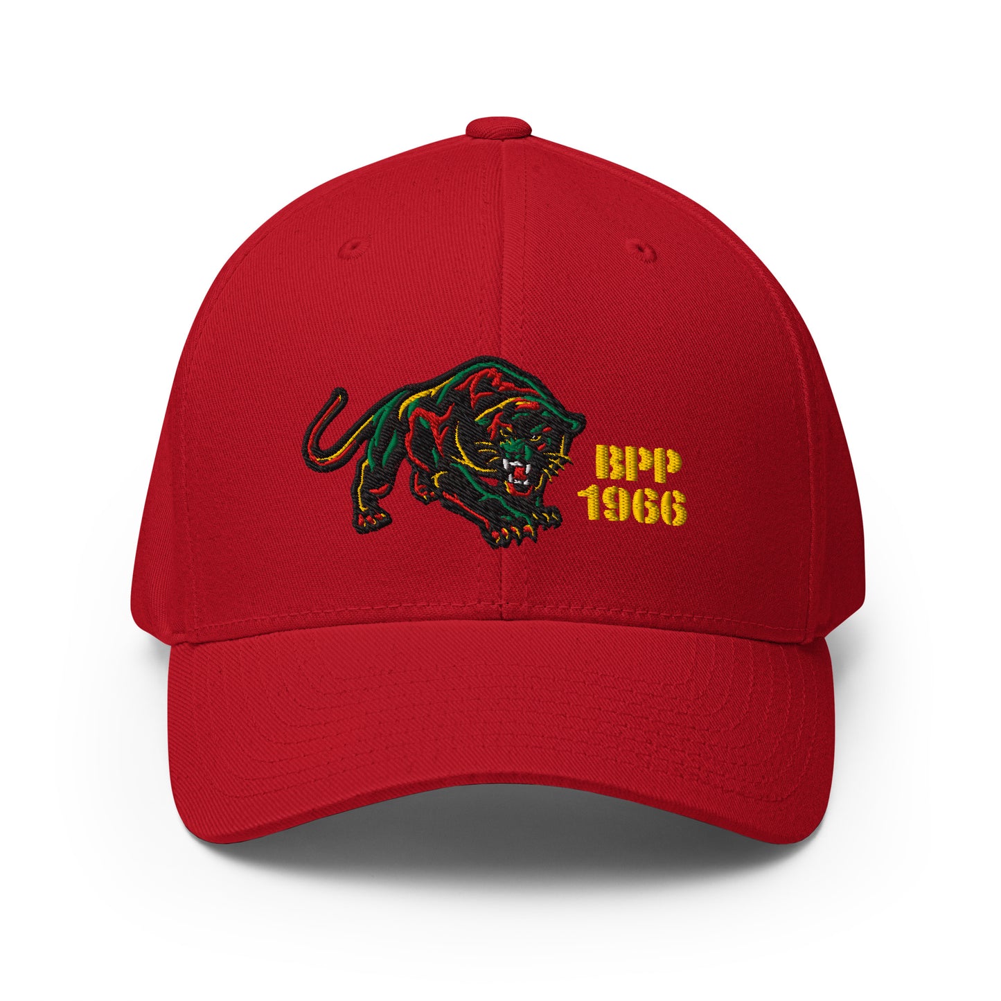 Red BPP 1966 Flexfit structured cap featuring bold embroidered panther and yellow text, honoring Black history.