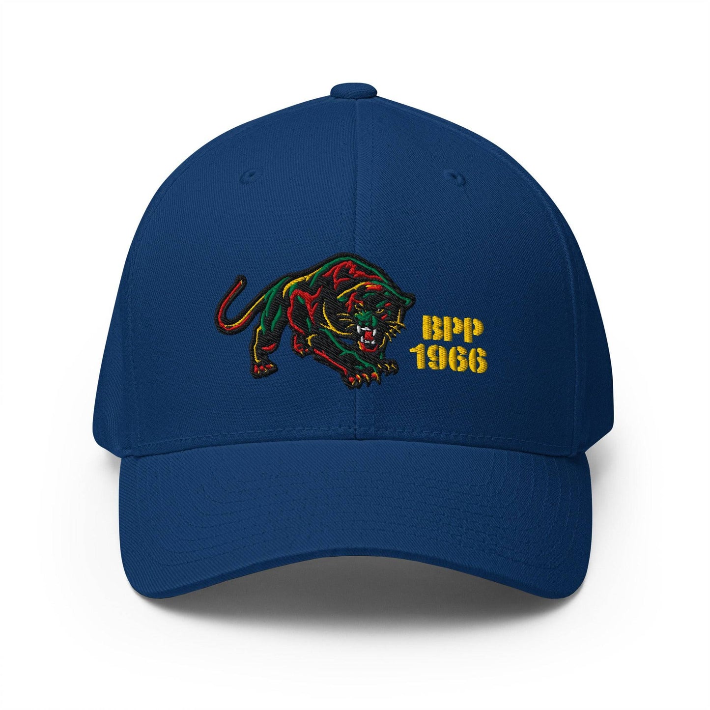Royal blue BPP 1966 Flexfit cap with embroidered panther and yellow text, celebrating Black Panther Party legacy.