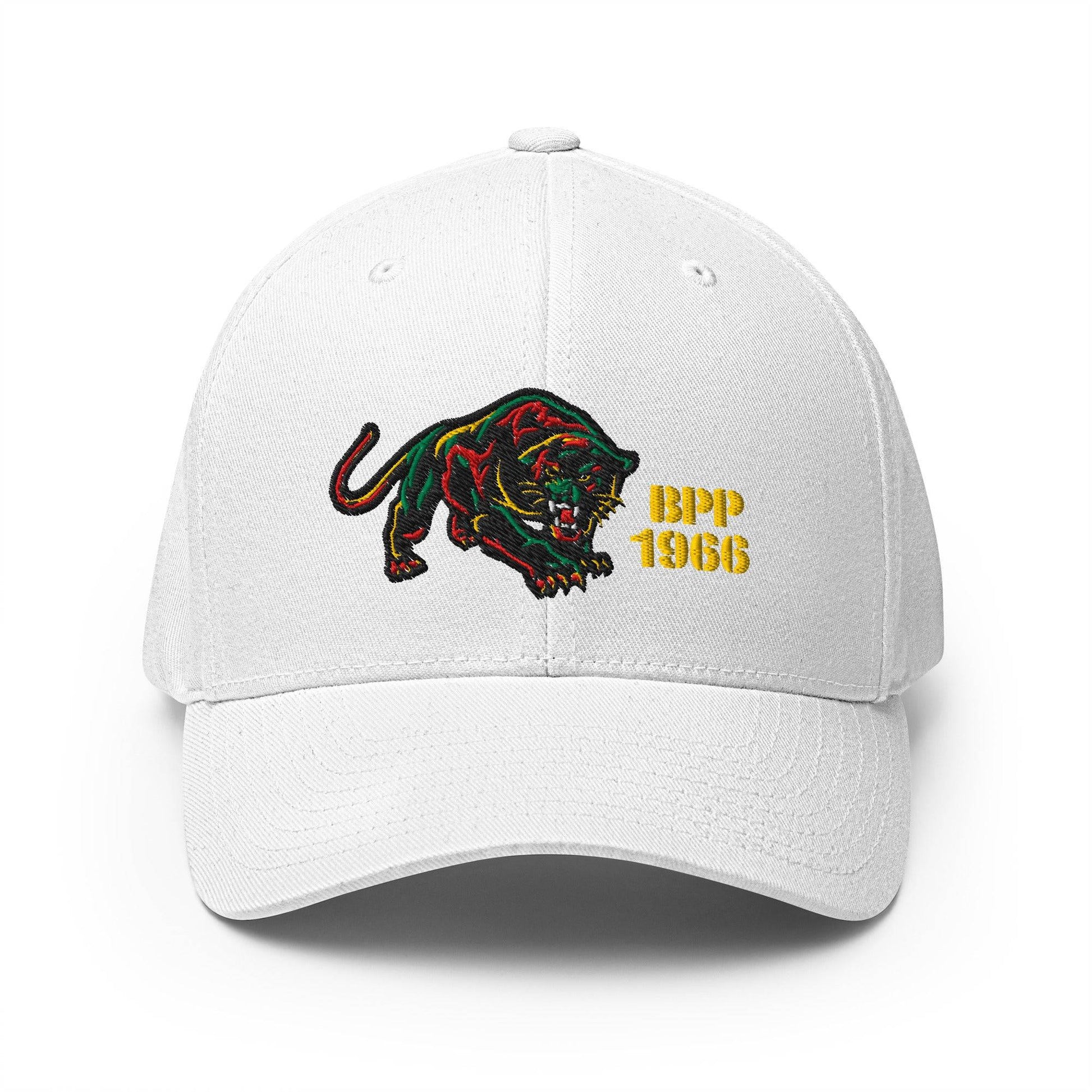 White BPP 1966 Flexfit cap with vibrant embroidered panther and yellow text, honoring Black Panther Party history.
