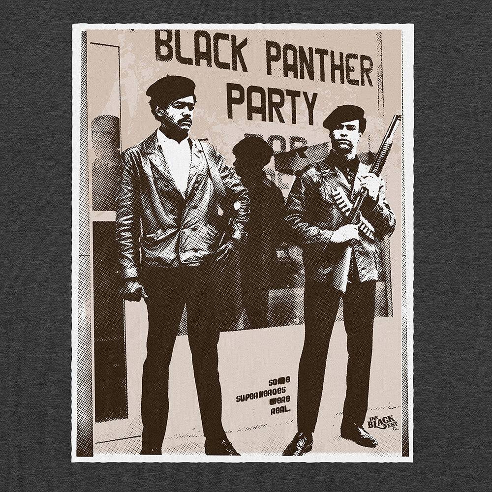 Black Panther Party vintage image unisex premium t-shirt featuring a historic graphic of founding members in leather jackets and berets. Perfect for Black History Month or gifting, this graphic tee celebrates Black history and culture.