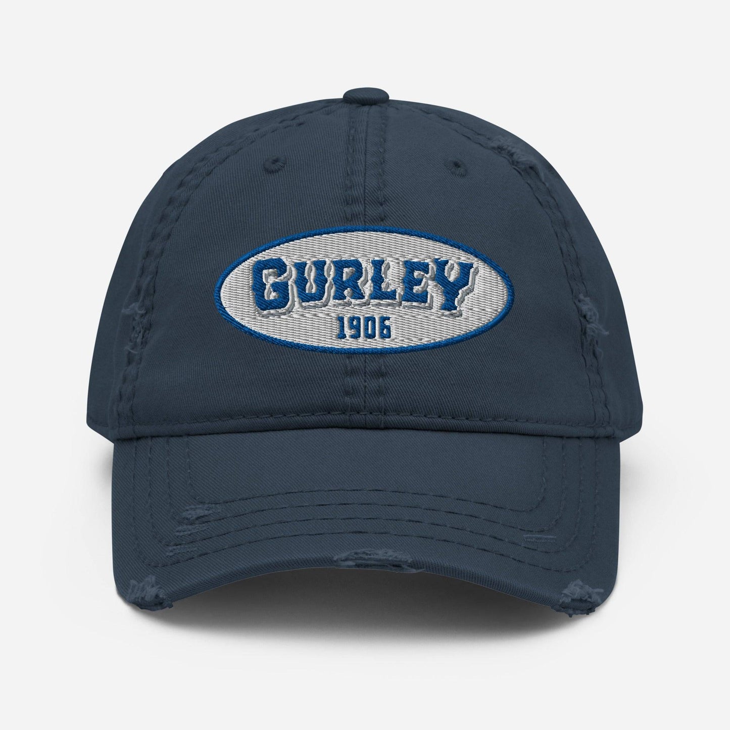 a blue hat with the name Gurley on it