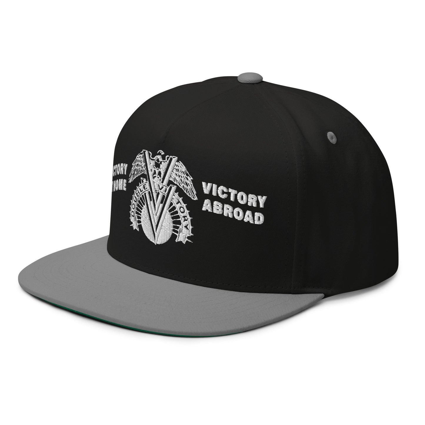 a black and grey hat with the double V victory abroad logo on it