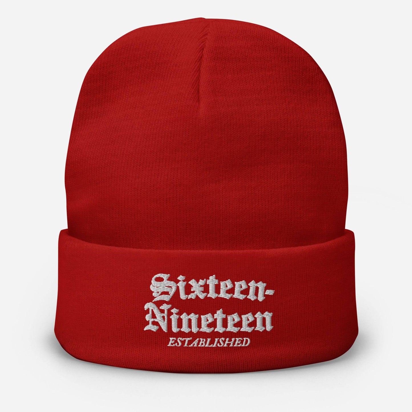 Sixteen-Nineteen Embroidered Beanie in red with white embroidery, featuring 'Sixteen-Nineteen Established' text. Warm, form-fitting cotton blend hat.
