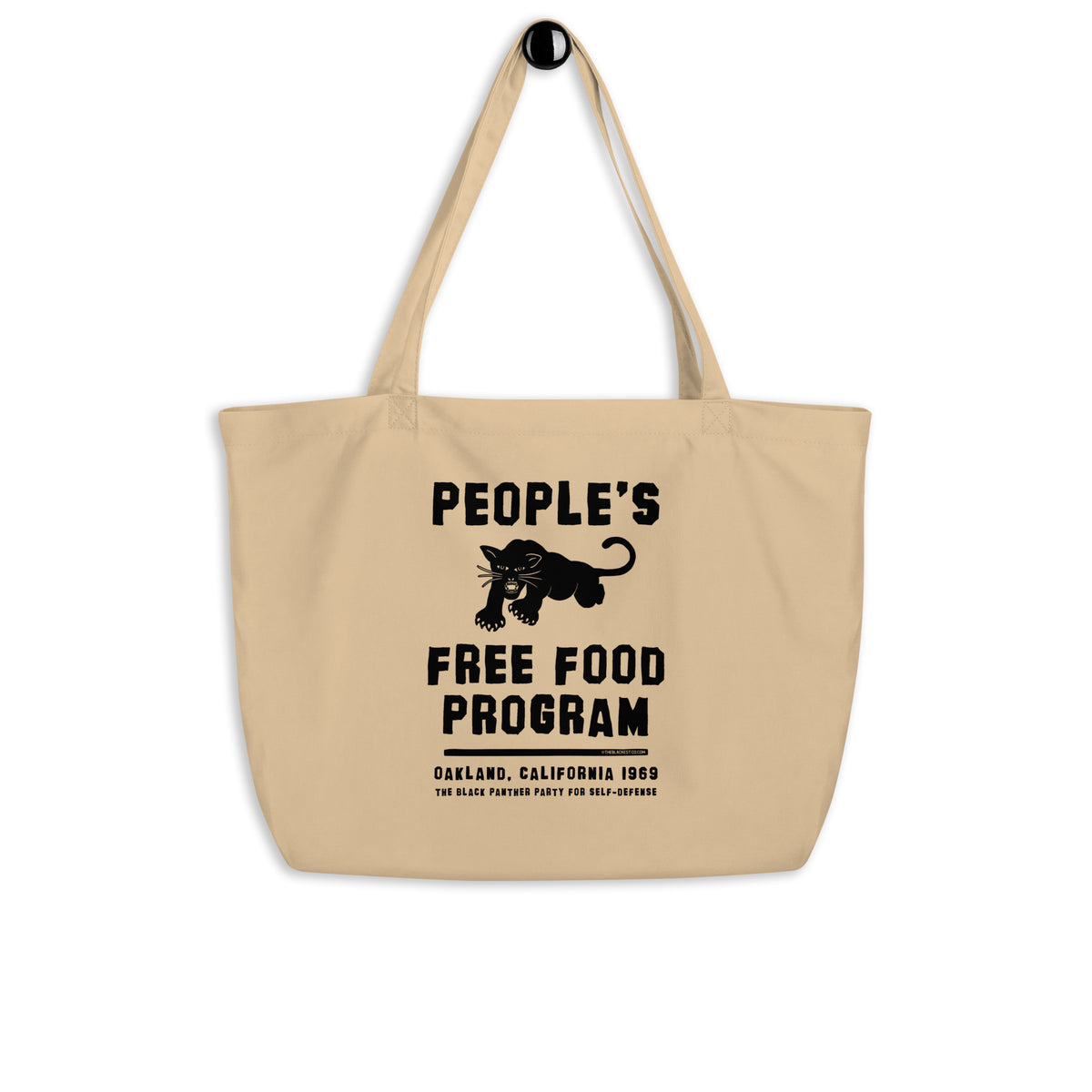 Beige eco-friendly tote bag with black logo and text