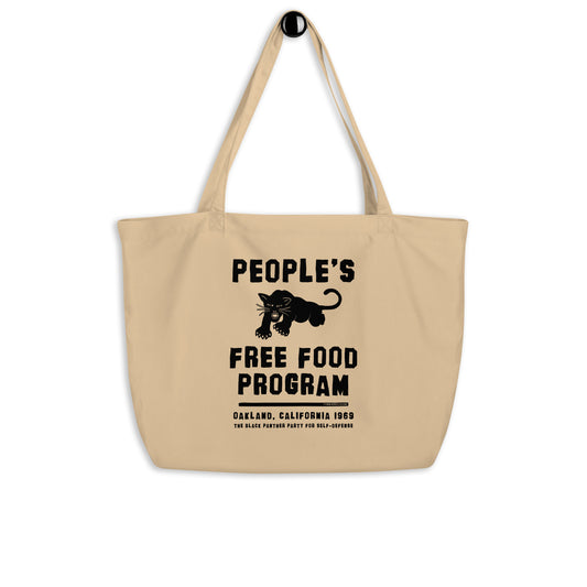 Beige eco-friendly tote bag with black logo and text