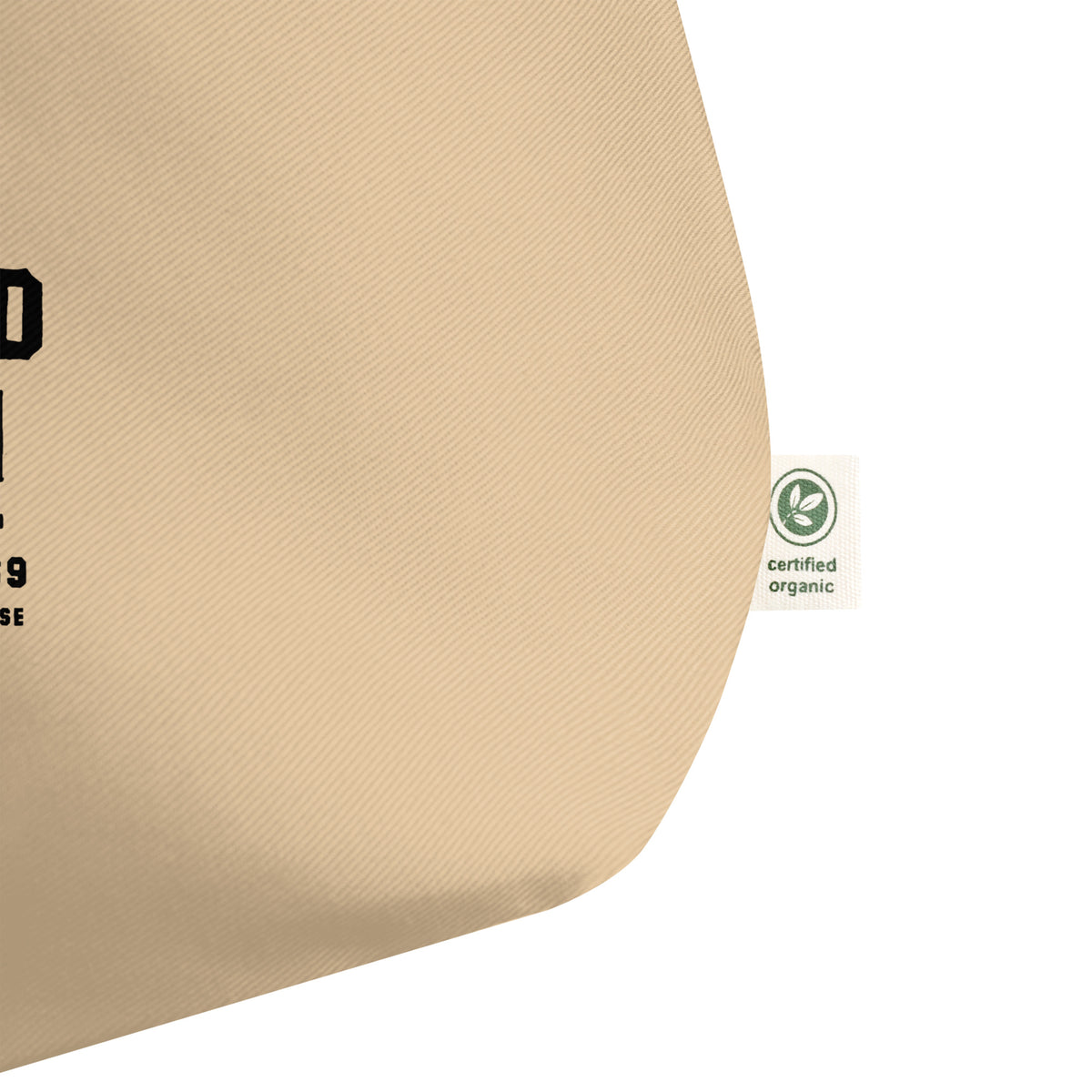 Beige tote bag with eco certified label and logo